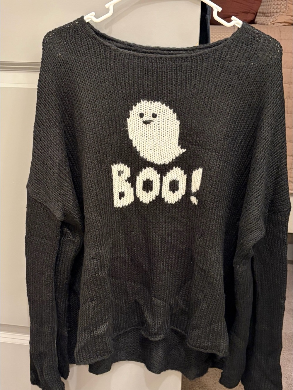 Wooden Ships Black Knit Sweater with White Ghost 'BOO!' Graphic